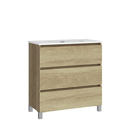 Baikal, Natura Badezimmer-Set mit reduziertem Hintergrund, mit Waschbecken aus Keramik, DREI Schubladen, montiert, DREI Schubladen, 3 Schubladen, ohne Spiegel, Boden 39 cm, 70 cm, Natur von Baikal