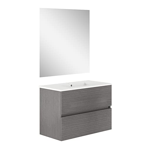 Baikal, Natura Badezimmer-Set mit reduziertem Hintergrund, mit Keramikwaschbecken, Zwei Schubladen, montiert, Zwei Schubladen, Zwei Schubladen mit Spiegel, Boden 39 cm, 80 cm, Asche von Baikal