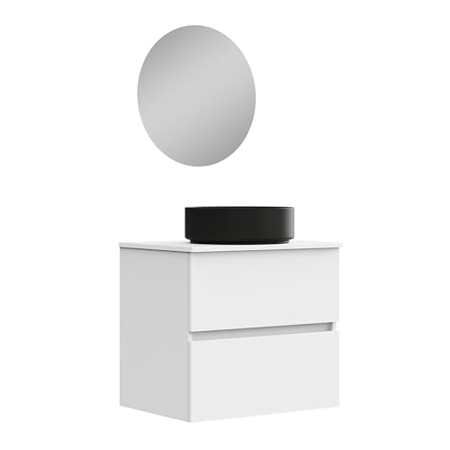 Baikal Badezimmerschrank Onyx Black, 2 Schubladen, hängend an der Wand, mit Keramikwaschbecken in Mattschwarz, Melamin 16 mm, montiertes Waschbecken, rund, mit Spiegel, 70 cm, Weiß von Baikal