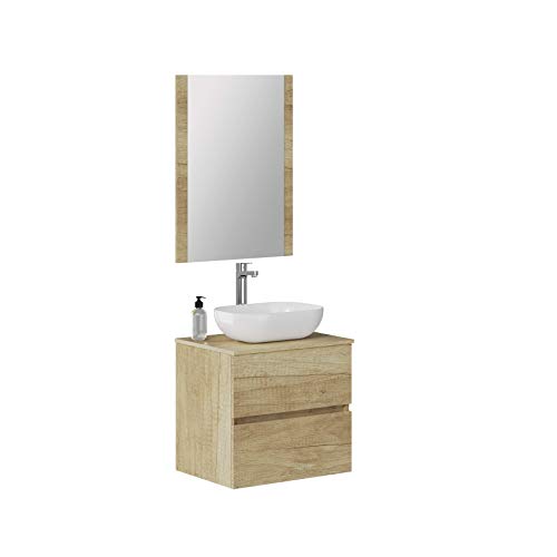 Baikal Badezimmerschrank Onyx, 2 Schubladen, hängend, mit Keramikwaschbecken, montiertes Waschbecken, Melamin 16, F46 + Top + Waschbecken + Spiegel, 60 cm Nature von Baikal