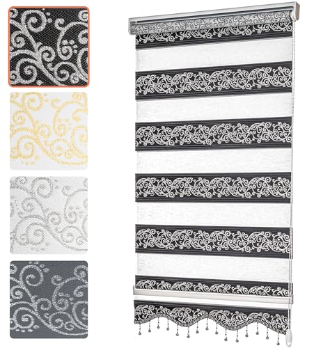 Bailena® Doppelrollo Klemmfix ohne Bohren - 4in1 Duo Rollo mit Muster Schwarz Silber Glitzernd 80x200cm - Ranken & Blumen Motiv Doppelrollo mit Perlen - Gardinen Rollos für Fenster & Tür von Bailena