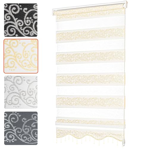 Bailena® Doppelrollo Klemmfix ohne Bohren - 4in1 Duo Rollo mit Muster Weiß Gold Glitzernd 60x200cm - Ranken & Blumen Motiv Doppelrollo mit Perlen - Gardinen Rollos für Fenster & Tür von Bailena