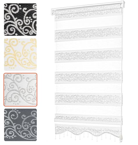 Bailena® Doppelrollo Klemmfix ohne Bohren - 4in1 Duo Rollo mit Muster Weiß Silber Glitzernd 60x200cm - Ranken & Blumen Motiv Doppelrollo mit Perlen - Gardinen Rollos für Fenster & Tür von Bailena
