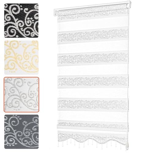 Bailena® Doppelrollo Klemmfix ohne Bohren - 4in1 Duo Rollo mit Muster Weiß Silber Glitzernd 100x200cm - Ranken & Blumen Motiv Doppelrollo mit Perlen - Gardinen Rollos für Fenster & Tür von Bailena