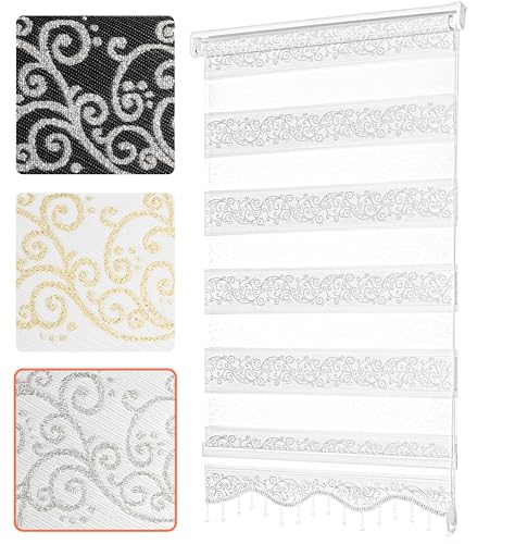 Bailena® Doppelrollo Klemmfix ohne Bohren - 4in1 Duo Rollo mit Muster Weiß Silber Glitzernd 50x200cm - Ranken & Blumen Motiv Doppelrollo mit Perlen - Gardinen Rollos für Fenster & Tür Bailena® Doppelrollo Klemmfix ohne Bohren - 4in1 Duo Rollo mit Muster Weiß Silber Glitzernd 50x200cm - Ranken & Blumen Motiv Doppelrollo mit Perlen - Gardinen Rollos für Fenster & Tür von Bailena