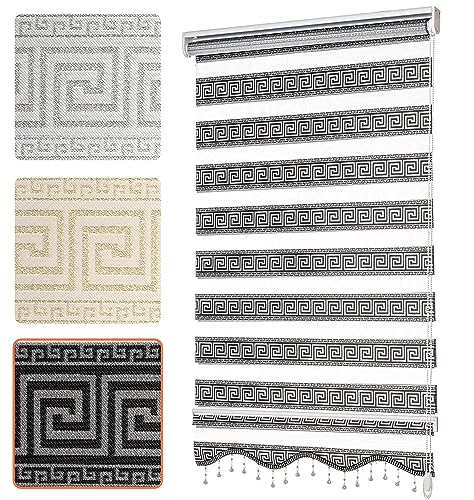 Doppelrollo mit Muster Mäander Deko Griechischer Schlüssel Ornament Motiv Klemm Duo Rollos für Fenster Innen ohne Bohren Schwarz Silber 110x200 cm von Bailena