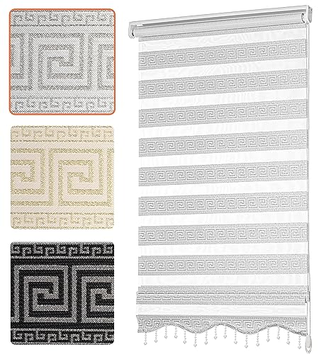 Doppelrollo mit Muster Mäander Deko Griechischer Schlüssel Ornament Motiv Klemm Duo Rollos für Fenster Innen ohne Bohren Weiß Silber 70x200 cm von Bailena