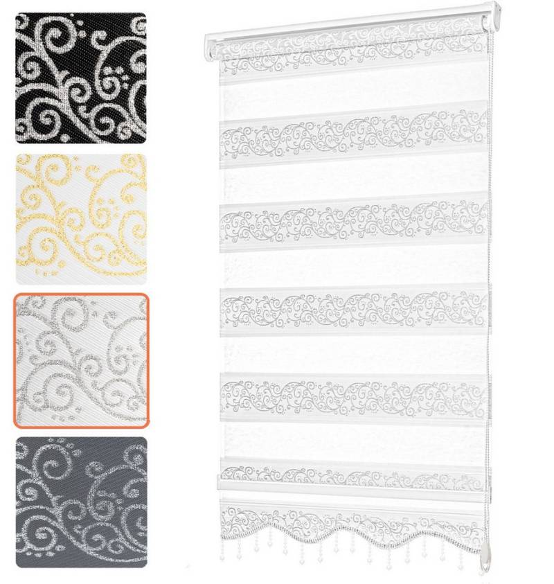 Doppelrollo ohne Bohren, Doppelrollo für Fenster mit Muster, Bailena, Lichtschutz, ohne Bohren, freihängend, Klemmfix, Duo Rollos mit Perlen, glitzernd, Ranken Blumen Motiv von Bailena