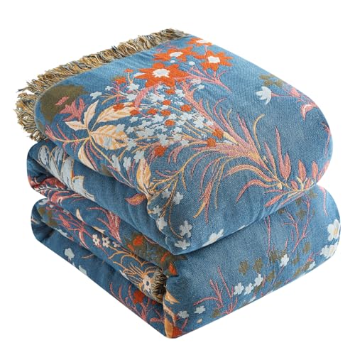 Bailix Premium Boho Tagesdecke 100% Baumwolle Kuscheldecke mit Fransen Doppelseitige Musselin Boho Decke 230x250cm, Kuschelige Sofadecke & Bettüberwurf, Sommedecke für Wohnzimmer Blau/Beige von Bailix