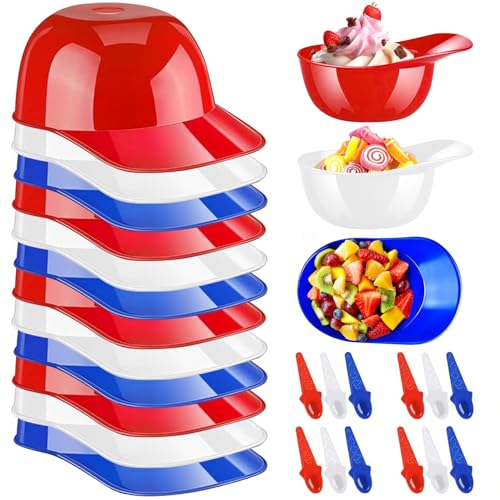 12 Stück Eisbecher mit Löffeln, Baseball Helm Plastik Dessertgläser, Wiederverwendbare Eisbecher Schale Bunte Eisschalen Kinder für Dessert, Joghurt, Snack, Eiscreme (3 Farben) von Bailtouk