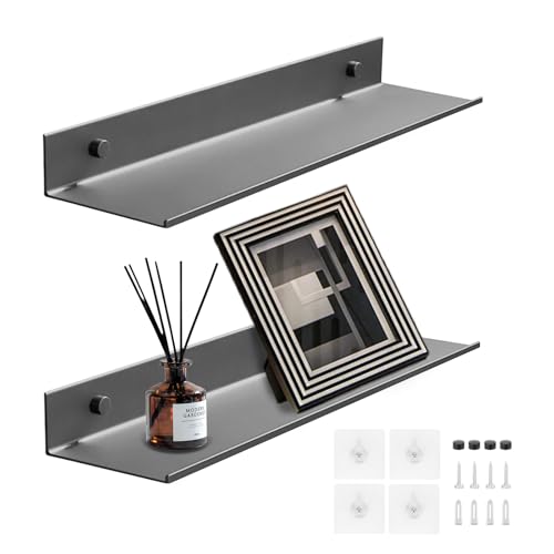 2 Stück Wandregal Aluminium, Wandregal Ohne Bohren, Modern Schweberegal Hängeregal Dekorative Bad Regal für Wohnzimmer, Schlafzimmer, Badezimmer, Küche (Gunmetal Grau, 30cm) von Bailtouk
