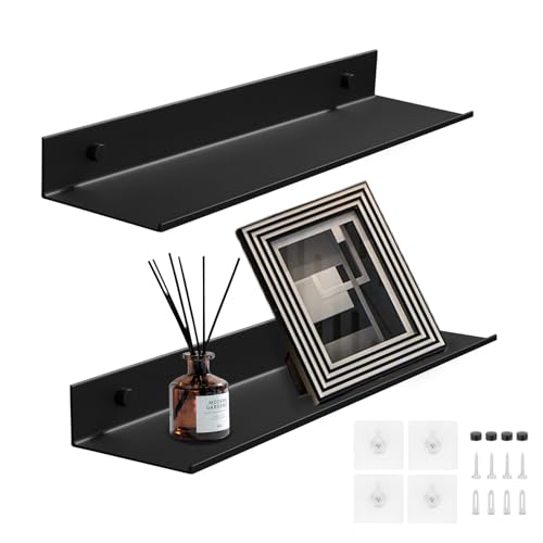 2 Stück Wandregal Aluminium, Wandregal Ohne Bohren, Modern Schweberegal Hängeregal Dekorative Bad Regal für Wohnzimmer, Schlafzimmer, Badezimmer, Küche (Schwarz, 30cm) von Bailtouk