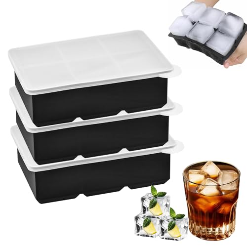 3 Stück Eiswürfelform Silikon mit Deckel, 6 Fach Quadratische Eiswürfelform Silikon, BPA-freie Eiswürfelschalen Eiswürfel Form Ice Cube Tray für Gekühltes Wasser, Getränke, Whiskey, Cocktail (Schwarz) von Bailtouk