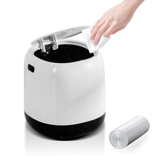 Bailtouk Tischmülleimer mit Deckel, 2L Mini Mülleimer mit Aufpoppen, Plastik Tischabfalleimer Klein Mülltonne mit 1 Rollen Müllsäcke für Schreibtisch, Küche, Büro, Weiß (13.6×13.9×12.9cm) von Bailtouk