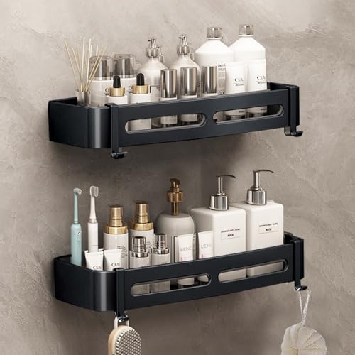 Duschablage Ohne Bohren Aluminium, 2 Stück Badezimmer Regal mit 4 Haken, Wasserdichter Badezimmer Organizer Shampoo Halterung für Dusche, Dusche Küche Bathroom Rrganizer, 32×12×4cm (B Schwarz von Bailtouk
