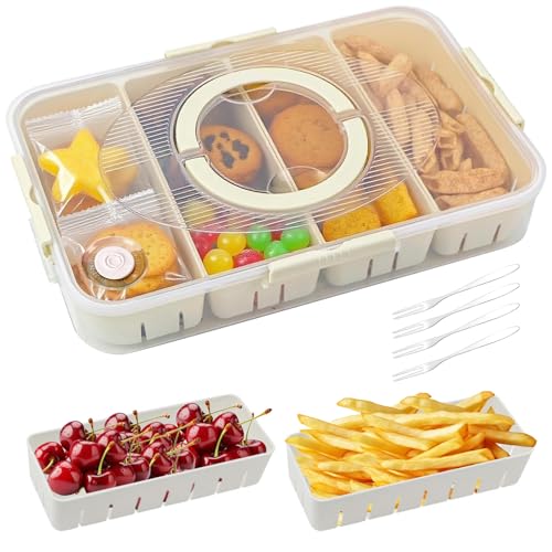 Snackbox mit 4 Fächern, Snackteller mit Deckel und Griff, Snackbox Organizer mit 4 Edelstahlgabeln Unterteilte Servierplatten, Nicht Spülmaschinenfest für Obst, Snacks, Süßigkeiten, Picnic, Partys von Bailtouk
