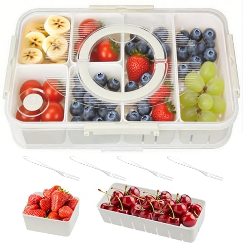 Snackbox mit 6 Fächern, Snackteller mit Deckel und Griff, Snackbox Organizer mit 4 Edelstahlgabeln Unterteilte Servierplatten, Der Fächern Spülmaschinenfest für Obst, Snacks, Süßigkeiten, Picnic Snackbox mit 6 Fächern, Snackteller mit Deckel und Griff, Snackbox Organizer mit 4 Edelstahlgabeln Unterteilte Servierplatten, Der Fächern Spülmaschinenfest für Obst, Snacks, Süßigkeiten, Picnic von Bailtouk