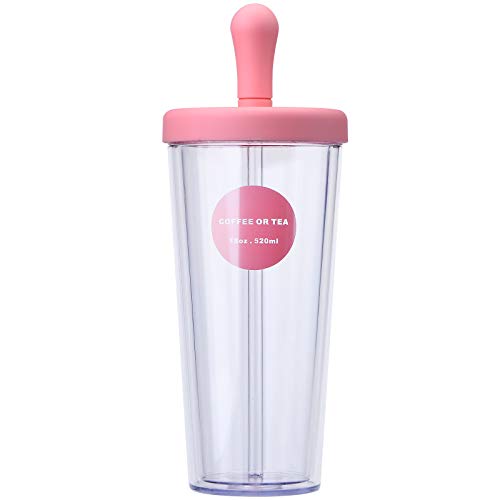 Bainuojia Kaishengyuan Doppelwandiger Kunststoffbecher Strohbecher - Home wiederverwendbar 100% lebensmitteltauglichen BPA-freien weichem PP Deckel (Pink, 520 ml) von Bainuojia