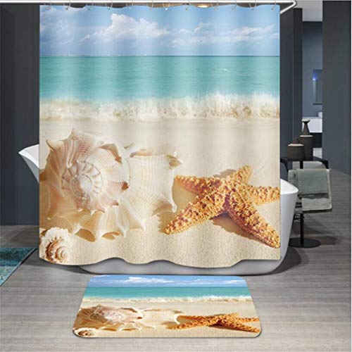 Baisheng Waterproof Mold Proof Resistant Bad Vorhang Waschbar Duschvorhang Polyester Stoff 3D Mehltau Beweis Vorhang mit Haken (Wunderschöne Meerblick Muschel Seestern-39 * 70Inch/100 * 180cm) von Baisheng