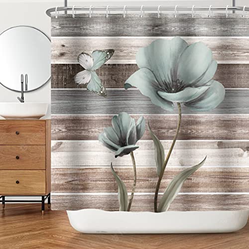 Baiyiguiyi Tulpen-Duschvorhang, Blau Blumen Tulpen Duschvorhänge Blaue Petal Holz Panel Strukturierten Hintergrund Badezimmer Dekor, Wasserdicht Badezimmer Dekoration Set mit Haken 180x180cm von Baiyiguiyi