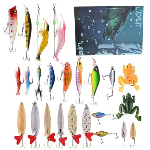Bajbumgn Fishing Lure Countdown Kalender, 24 Tage Countdown Kalender mit Kunstködern, Hartköder Weichköder Angelzubehör Für Fluss See Teich Outdooraktivität von Bajbumgn