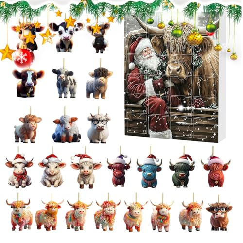 Bajbumgn Weihnachten Highland Cow Adventskalender 24 Tage, Advent Countdown Kalender 2D Acryl Niedlich Highland Cow Ornamente Set, Ornamente für Fenster Auto Rückspiegel Wand Tür Weihnachtsbaum von Bajbumgn