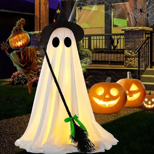 Halloween-Leuchtgeist, 145 cm Gruseliger leuchtender Geist mit Hexenhut und Besens, Halloween-Dekoration für Haus, Garten, Verandas und Hof von Bajbumgn