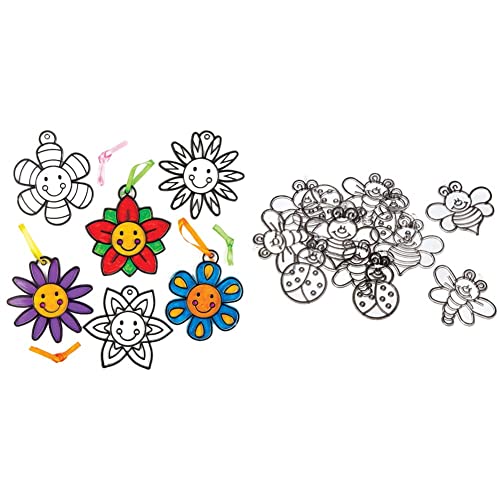 Baker Ross AC770 Smiley, Blume, Sonnenfänger, Basteln für Kinder, hängende Fensterdekoration (8 Stück), sortiert & C317 Glasmalerei-Insekten, Dekorationen, für Kinder zum Basteln, 12 Stück von Baker Ross