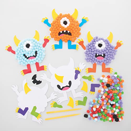 Baker Ross FE656 Monster Pom Pom Bastelset - 5er Pack, Selbstklebende Karte mit farbigen PomPoms zum Basteln für Kinder, Halloween Bastelaktivitäten, Monster von Baker Ross