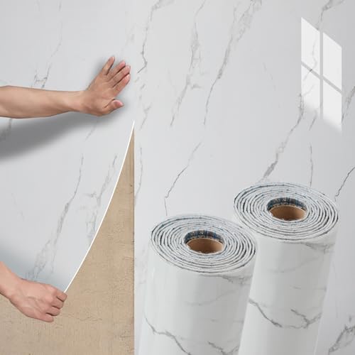 Baketron 2 Rolle Dick Marmor Tapete Weiß Mamorfolie Selbstklebend Marmortapeten Wand Klebefolie Marmoroptik Glatt Küchentapete Abwaschbar Arbeitsplatte Wandtapete Tapeten Wohnzimmer 40cm x 300cm von Baketron