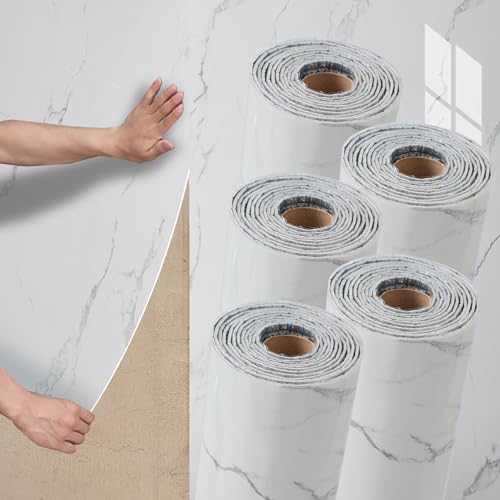 Baketron 5 Rolle Dick Marmor Tapete Weiß Mamorfolie Selbstklebend Marmortapeten Wand Klebefolie Marmoroptik Glatt Küchentapete Abwaschbar Arbeitsplatte Wandtapete Tapeten Wohnzimmer 40cm x 300cm von Baketron