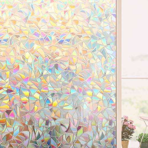 Baketron Fensterfolie Blickdicht Selbsthaftende,Regenbogen Statisch No-Glue Sichtschutzfolie,3D Klebefolie Folie Fenster,Anti UV Sonnenschutz für Büro Wohnzimmer 60X200cm von Baketron