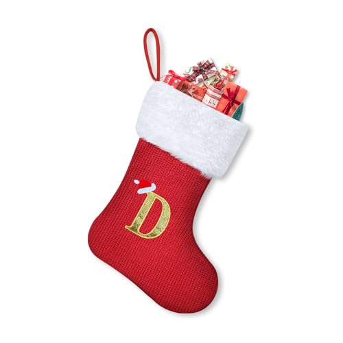 Baketron Personalisierte Weihnachtsstrümpfe mit Buchstaben 30cm Nikolausstrumpf Christmas Stockings Weißem Plüschbündchen Weihnachtsbaum Kamin hängende Ornamente für Weihnachtsbaum und Heim D von Baketron