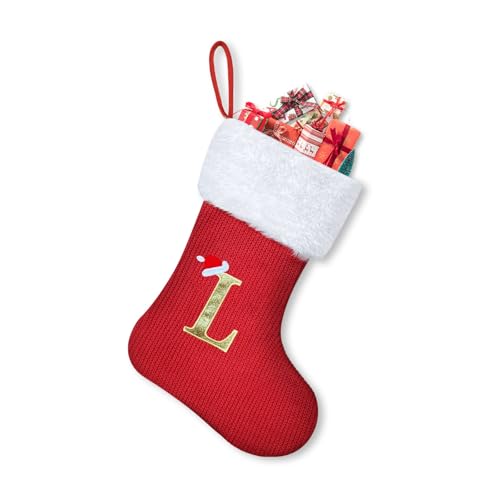 Baketron Personalisierte Weihnachtsstrümpfe mit Buchstaben 30cm Nikolausstrumpf Christmas Stockings Weißem Plüschbündchen Weihnachtsbaum Kamin hängende Ornamente für Weihnachtsbaum und Heim L von Baketron