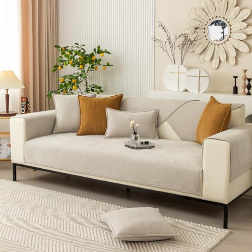 Baketron Sofabezug Antirutsch,Rutschfester Sofaschoner Ecksofa L Form Sofaüberwurf 1/2/3/4 Sitzer,Hund Katze Sofa Überwurf Sofaschutz, Chenille Couchbezug(Creme,70x180cm) von Baketron