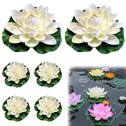 Bakiauli 6 Stück Wasserlilie Pflanzen, Schwimmende Blumen Künstlicher Lotus Seerosen Eva Lotus Flower für Teiche Dekoration Gartenterrasse Pool Aquarium Dekoration (Weiß) von Bakiauli