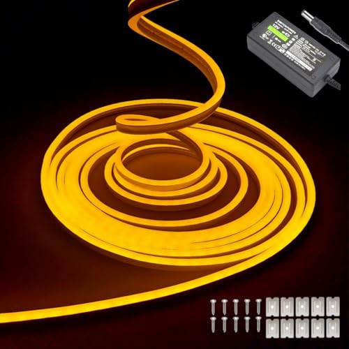 Balabaxer Gelb Neon-LED-Streifenlichter, 16,4 Fuß/5 m 12 V DC 600 SMD2835 LEDs Wasserdichtes Lichtschlauch für Indoor Outdoor Home Decoration (mit Netzteil) von Balabaxer