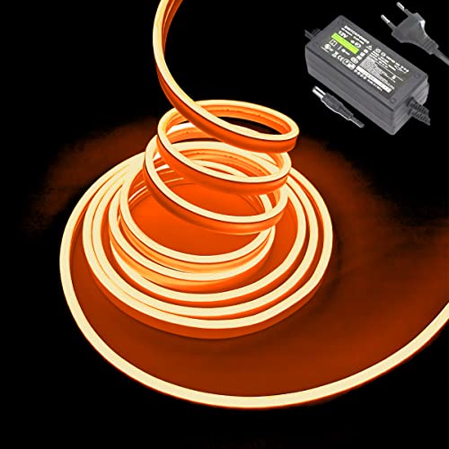 Balabaxer Orange Neon-LED-Streifenlichter, 16,4 Fuß/5 m 12 V DC 600 SMD2835 LEDs Wasserdichtes Lichtschlauch für Indoor Outdoor Home Decoration (mit Netzteil) von Balabaxer