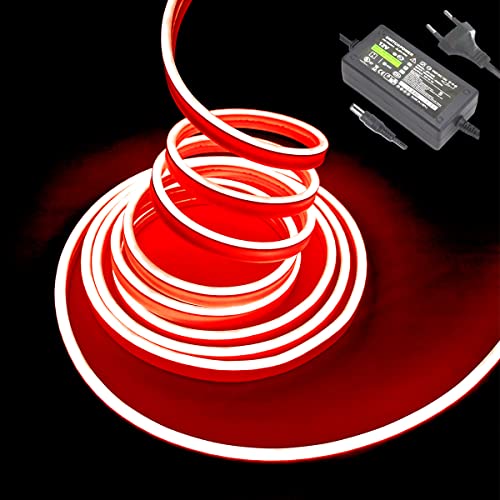 Balabaxer Rot Neon-LED-Streifenlichter, 16,4 Fuß/5 m 12 V DC 600 SMD2835 LEDs Wasserdichtes Lichtschlauch für Indoor Outdoor Home Decoration (mit Netzteil) von Balabaxer