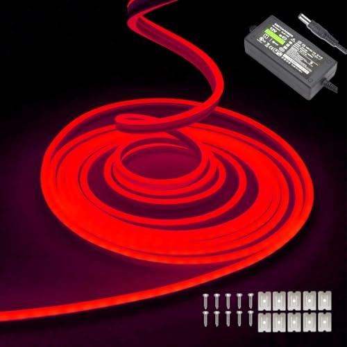 Balabaxer Rot Neon-LED-Streifenlichter, 16,4 Fuß/5 m 12 V DC 600 SMD2835 LEDs Wasserdichtes Lichtschlauch für Indoor Outdoor Home Decoration (mit Netzteil) von Balabaxer