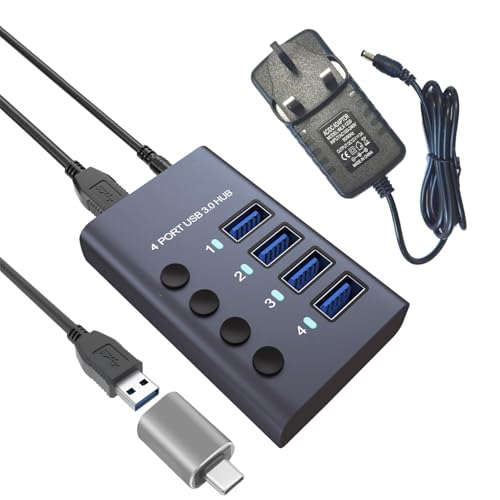 Balabaxer USB-3.0-Hub aus Aluminium mit 4 USB-Datenübertragungen, 36 W (12 V/3 A) Netzadapter, USB-Splitter, unabhängiger Schalter von Balabaxer
