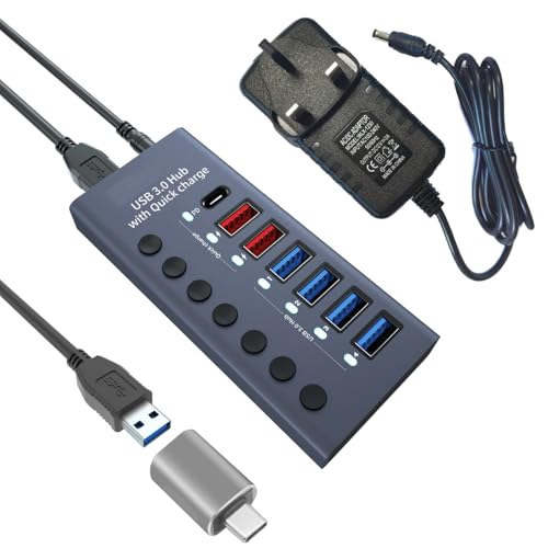 Balabaxer USB-3.0-Hub aus Aluminium mit 7 Anschlüssen und Ladefunktion, 36 W (12 V/3 A) Netzadapter, individuelle Netzstecker von Balabaxer