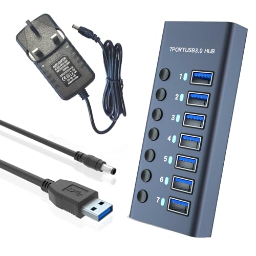 Balabaxer USB-3.0-Hub aus Aluminium mit 7 USB-Datenübertragungen, 36 W (12 V/3 A) Netzadapter, USB-Splitter, unabhängiger Schalter von Balabaxer
