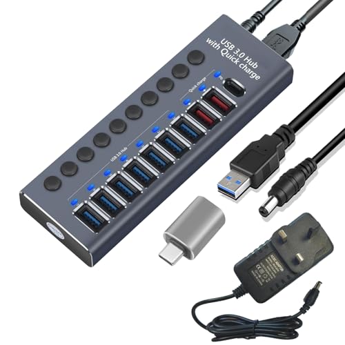 Balabaxer USB-3.0-Hub aus Aluminium mit Ladefunktion, 72 W (24 V/3 A) Netzteil, individuelle Netzstecker (silbergrau-10 Anschlüsse) von Balabaxer