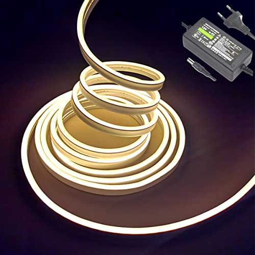 Balabaxer Warmweiß Neon-LED-Streifenlichter, 16,4 Fuß/5 m 12 V DC 600 SMD2835 LEDs Wasserdichtes Lichtschlauch für Indoor Outdoor Home Decoration (mit Netzteil) von Balabaxer