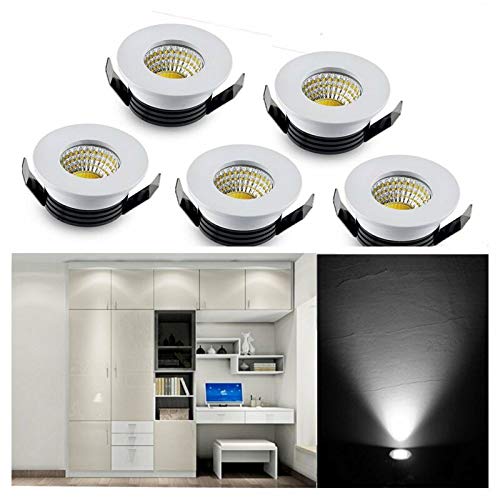 INHDBOX Mini LED Einbaustrahler Set 5er,3W Kaltweiss LED Deckeneinbaustrahler Schwenkbar COB Deckenspots Aluminium Spots Deckenspots für Weinschrank Schrank Küche Wohnzimmer -Weiß von INHDBOX