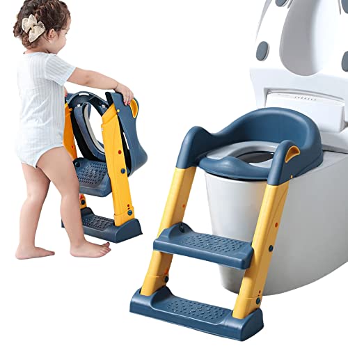 Balakaka Topfchentrainer mit Treppe Toilettenaufsatz Kinder Hohenverstellbar Klotreppe fur Kinder Kinde ToilettentrainerKlappleiter Toilettentrainer mit Leiter und PU Gepolstert Blau Gelb von Balakaka