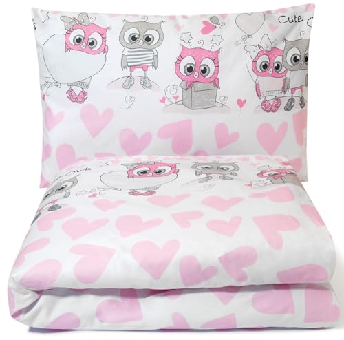 Balbina Baby Kinderbettwäsche Set Cute Owls Deckenbezug 100 x 135 cm Kissenbezug 40 x 60 2tlg. 100% Baumwolle mit Reißverschluss (Eulen mit Herzen) von Balbina