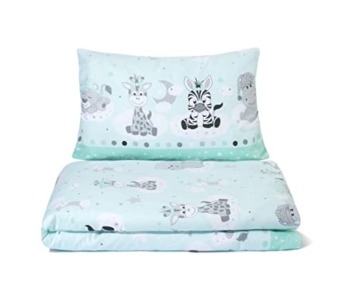 Balbina Kinder Baby-Bettwäsche-Set Tiere Motiv Zebra Giraffe Löwe 100 x 135 cm Deckenbezug 40 x 60 Kissenbezug 2tlg. 100% Baumwolle (Schlaf-Tiere Mint) von Balbina