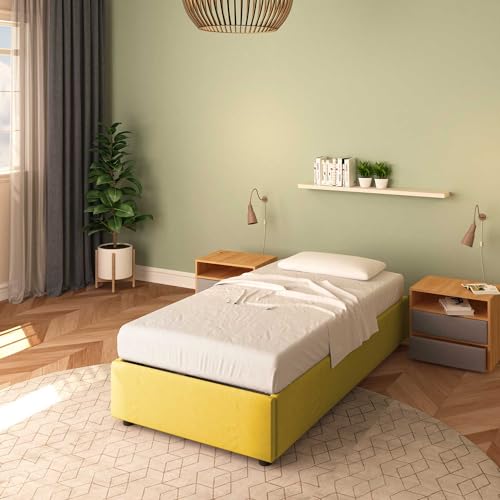 Baldiflex Bett für französisches Bett mit Stauraum Modell Cloe aus Stoff, ohne Kopfteil, Lattenrost, für Matratzen 100 x 200 cm, Farbe Senf von Baldiflex